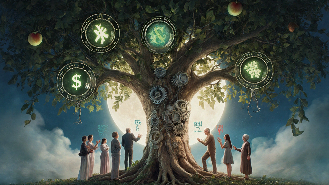 A hybrid tree of financial well-being with people receiving guidance from both tech and human hands.