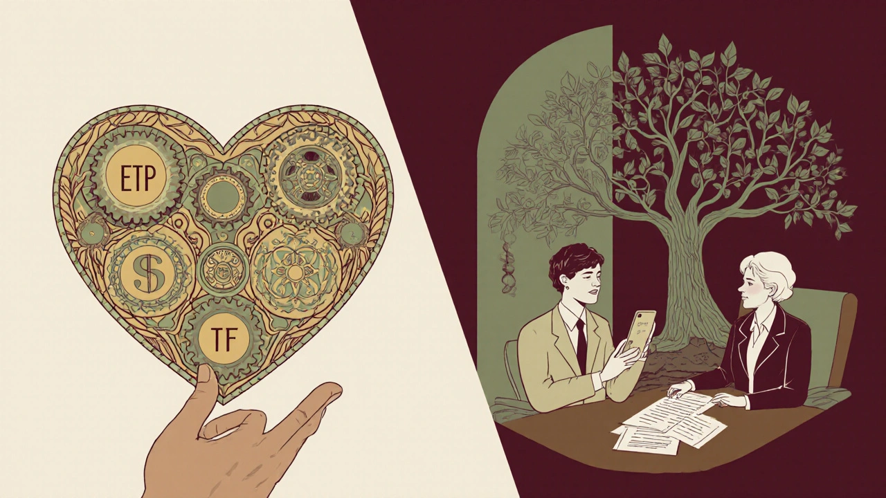 A mechanical heart beside a human hand, with split scenes of robo and human advisors in Art Nouveau design.