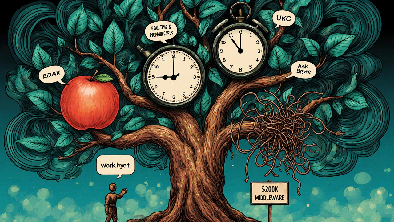 A financial tree with three branches representing ADP, UKG, and Workday’s EWA systems, each with unique fruits and obstacles.