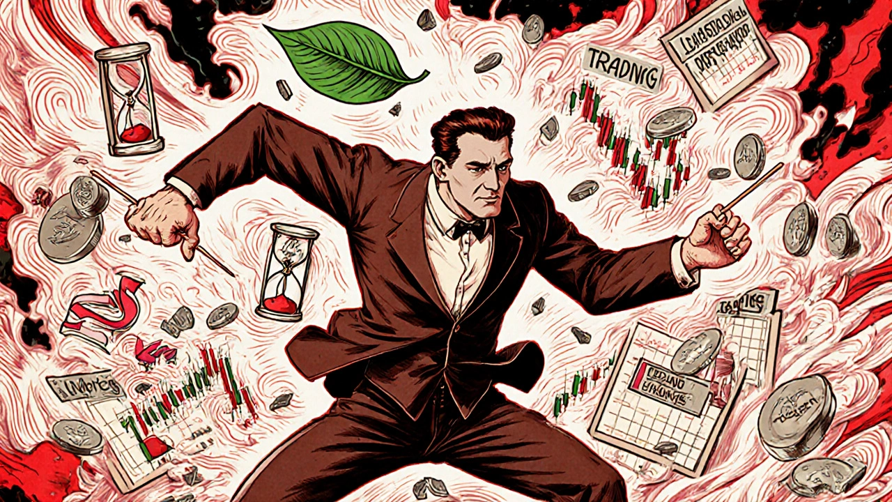 A frantic man overwhelmed by chaotic trading charts and falling coins in Art Nouveau advertising style.