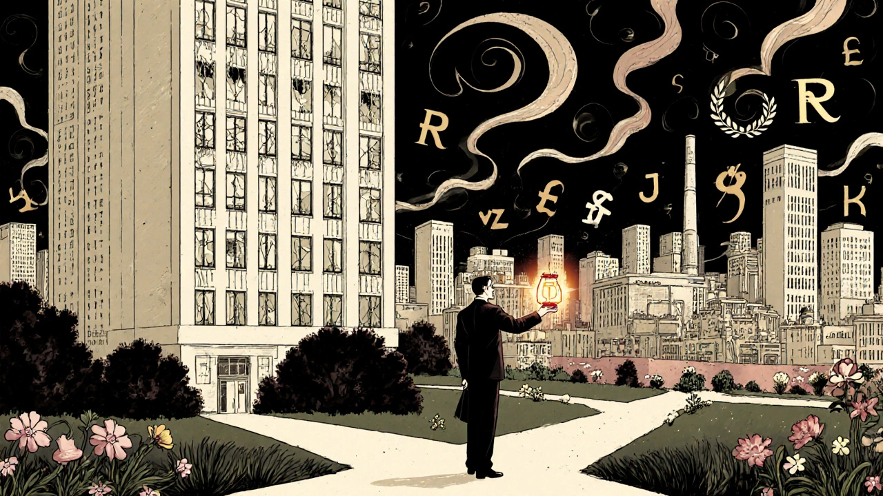 A man choosing between a decaying office building and a flourishing garden of diversified assets