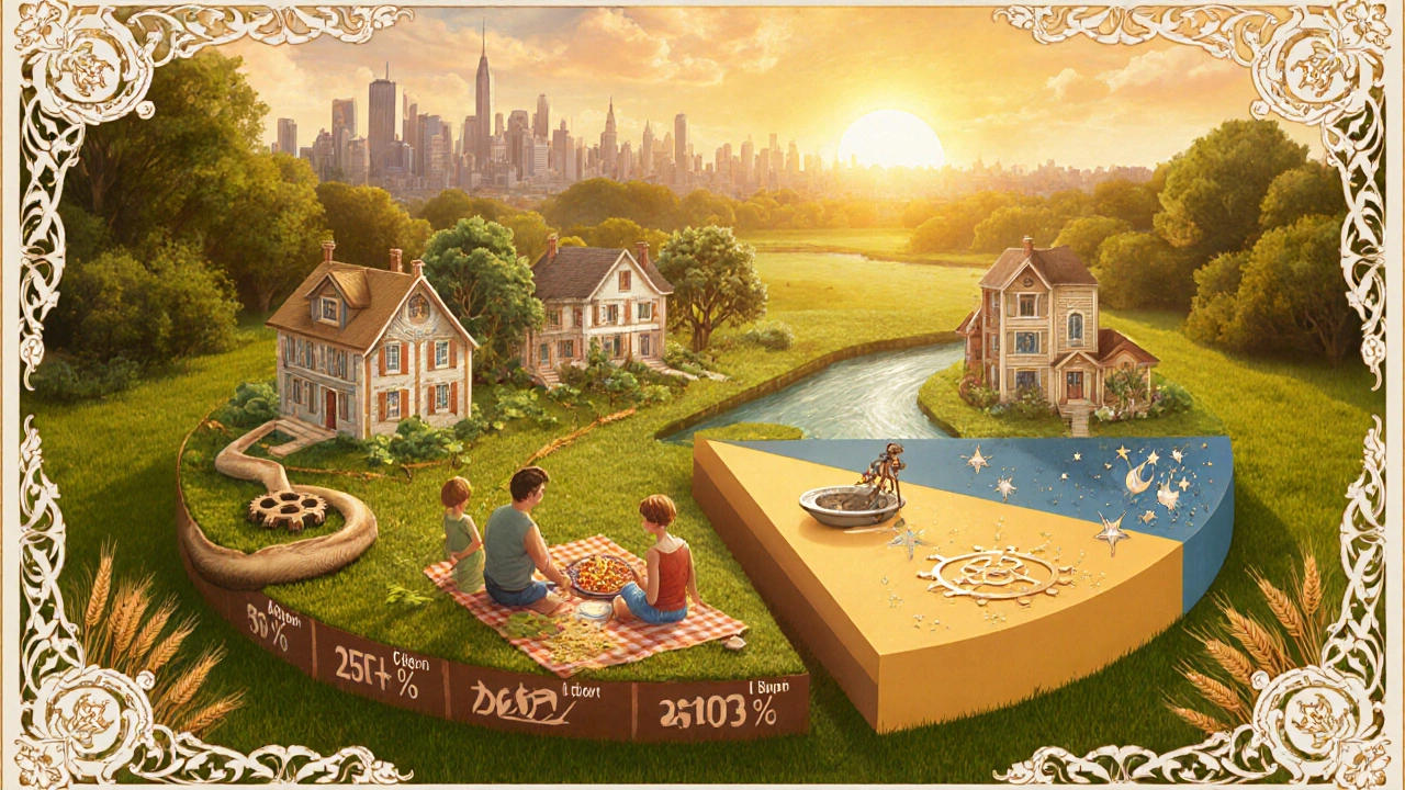 A pie chart lawn with diversified investments as blooming elements under a golden sunrise