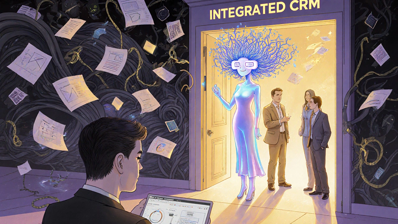 An AI guide helping advisors enter an integrated system as chaos dissolves into light and clarity.