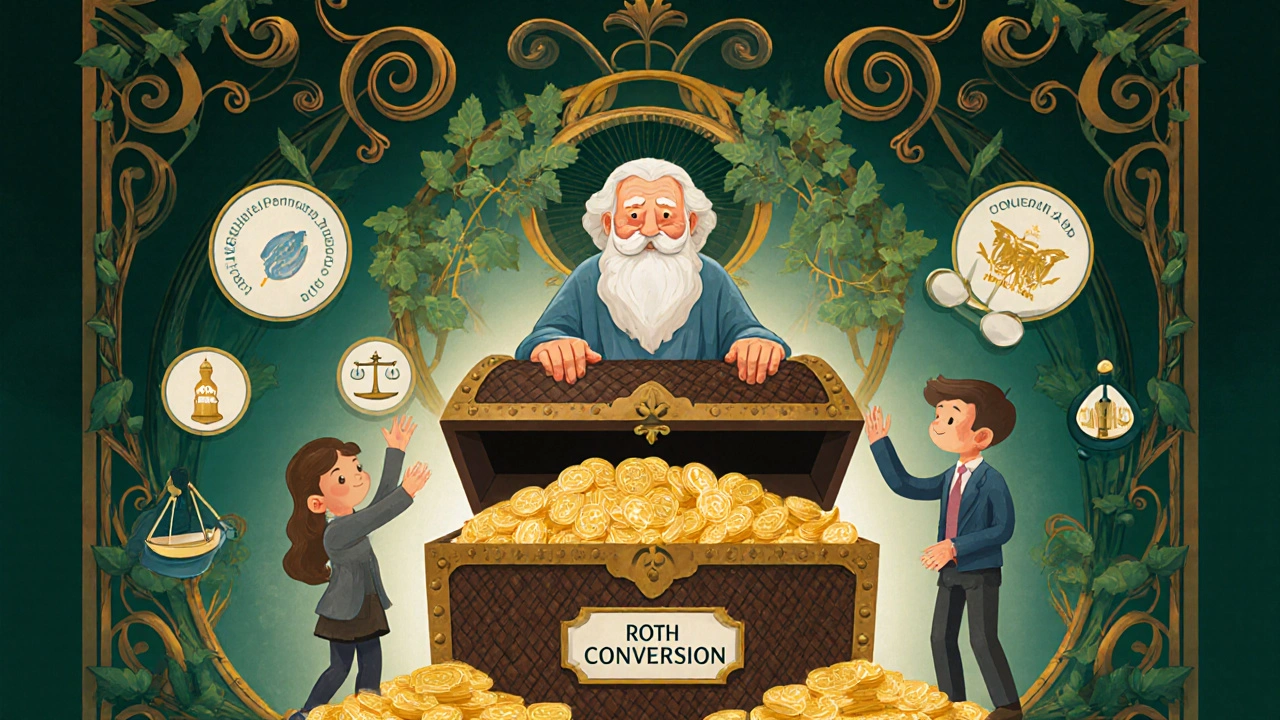 An heirloom chest overflowing with tax-free coins, protected by swirling Art Nouveau vines.