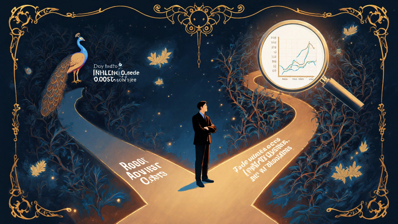 An investor choosing between a simple index fund and a complex robo-advisor path, with hidden tax costs revealed by a magnifying glass.