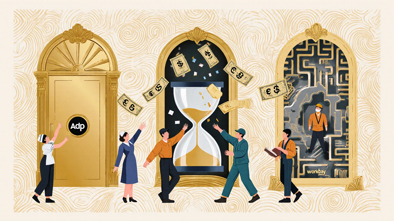 Hourly workers reaching for pay from three different portals—ADP fast, UKG slow, Workday complex—set in ornate floral design.
