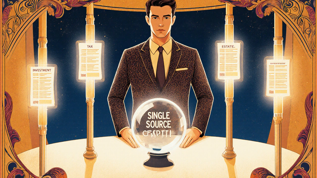 One lead advisor at the center of a unified system, with specialists feeding data into a central crystal orb.