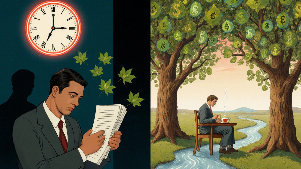 Split image: tired trader vs. calm investor, one in chaos, the other in growth, in Art Nouveau style.