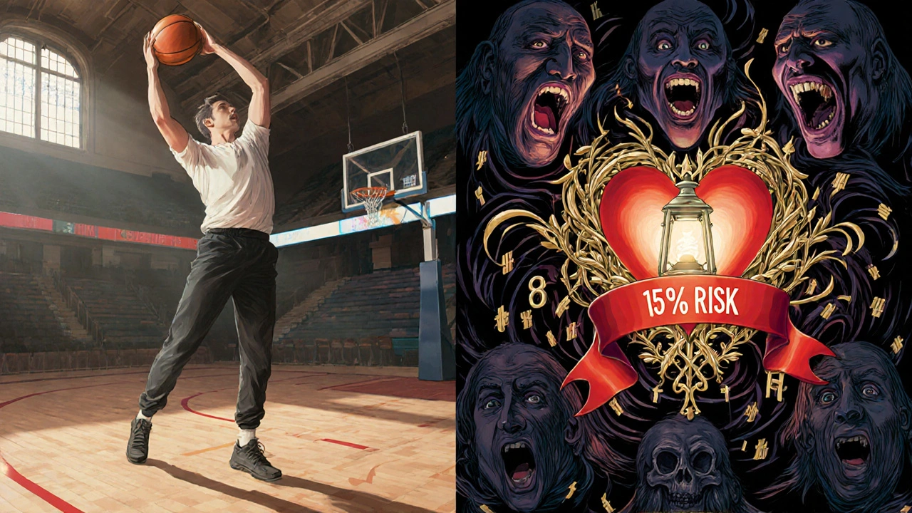 Split scene: calm free throw practice vs. chaotic trading floor, heart glowing with market chaos in Art Nouveau style.