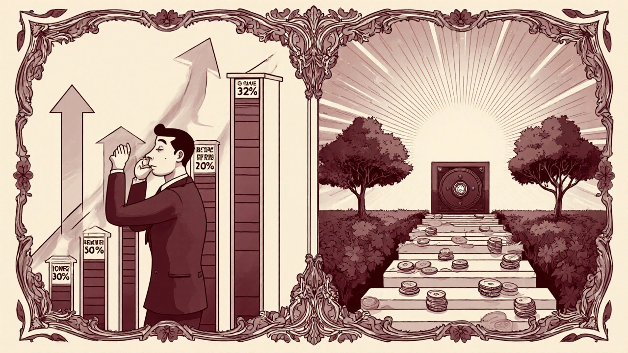 Split scene comparing high-tax stress to peaceful Roth conversion with ornate floral borders.