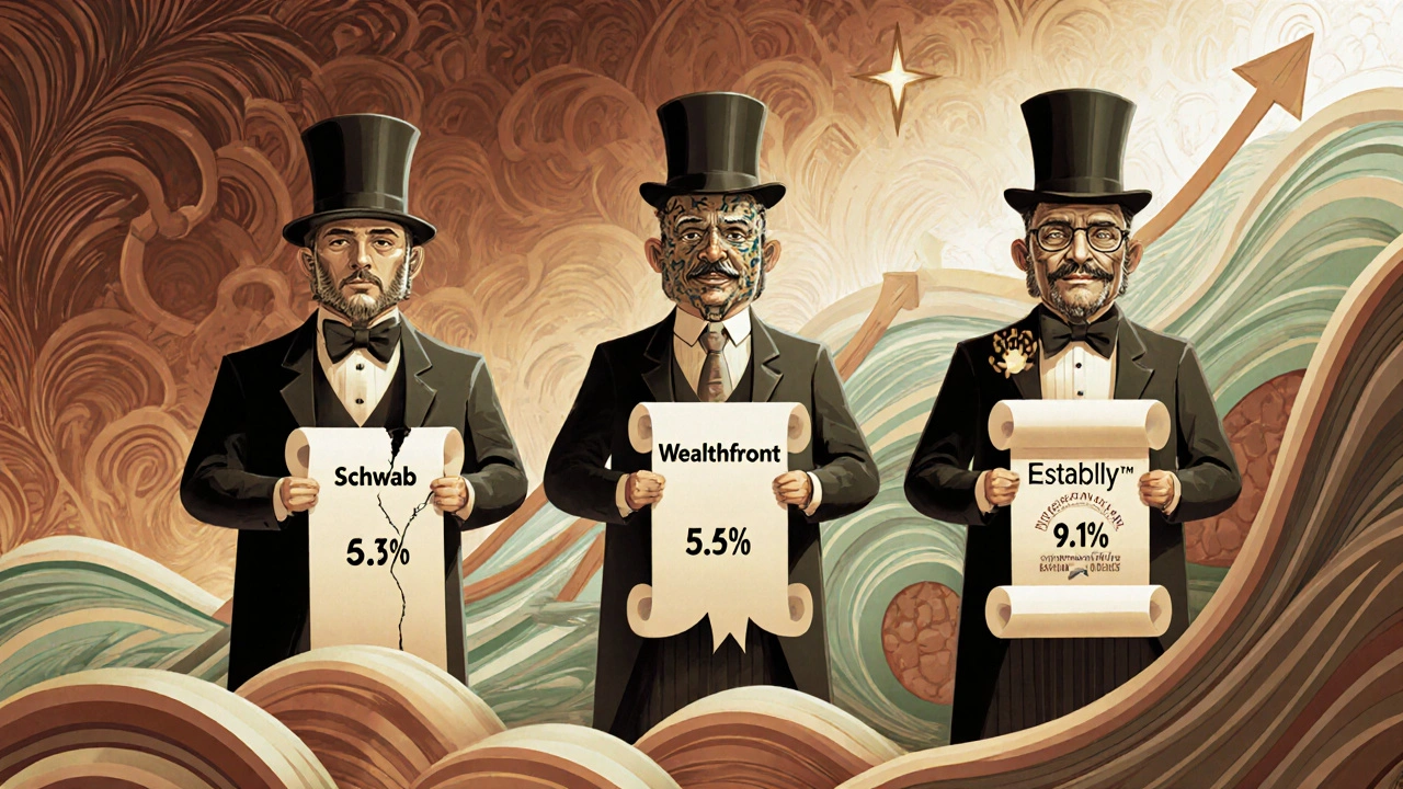 Three stylized robo-advisors holding scrolls with different returns, one glowing brightly as the winner, set in swirling Art Nouveau timeline.