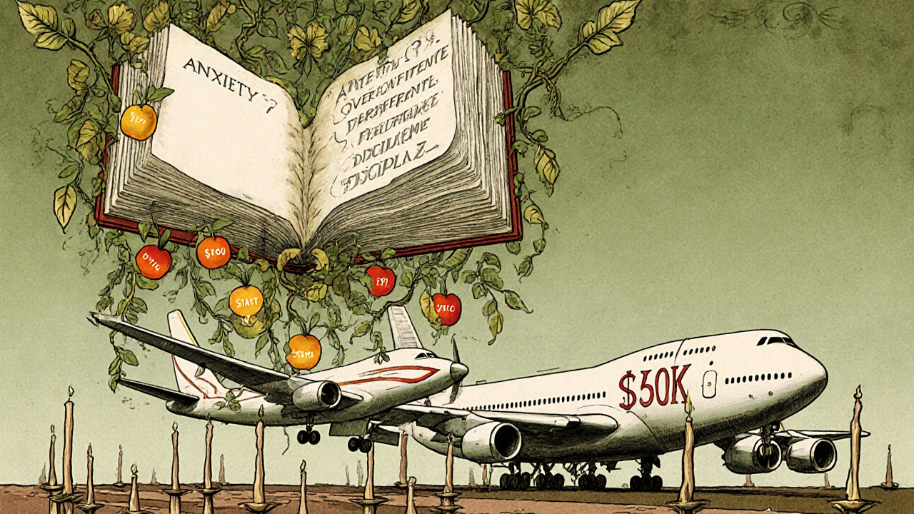 Trader's journal turns into vines with emotion fruits, small plane ascending while giant plane crashes in Art Nouveau style.