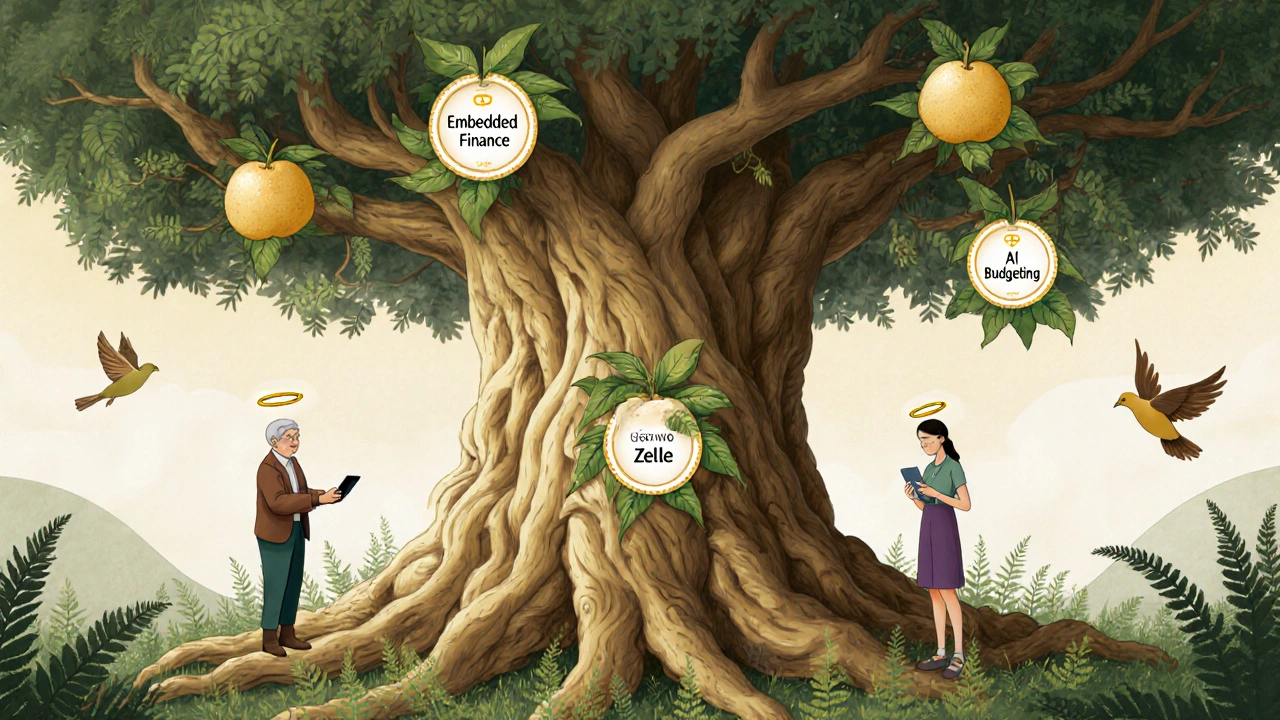 A majestic tree with fintech fruits, surrounded by diverse users under its canopy.