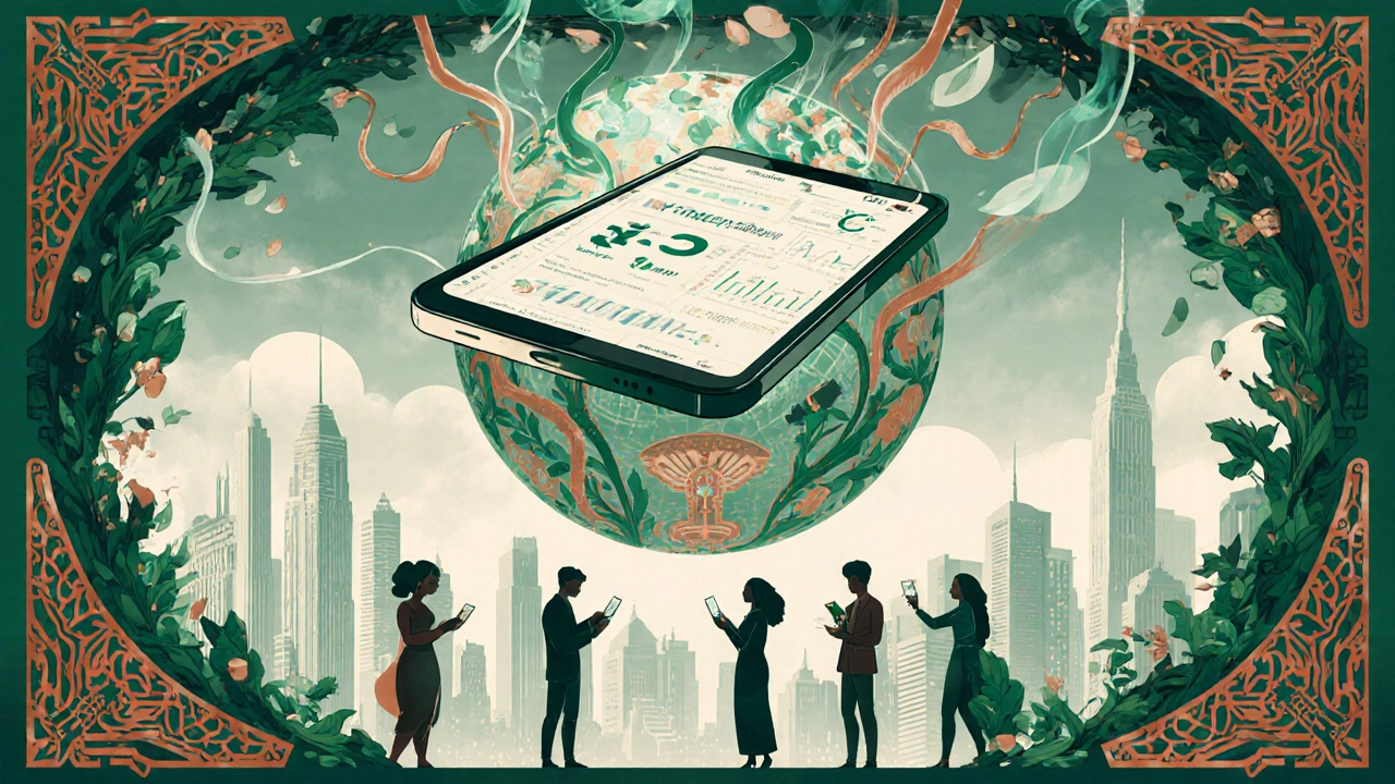 A smartphone radiating data vines over a city, with people using fintech apps below.