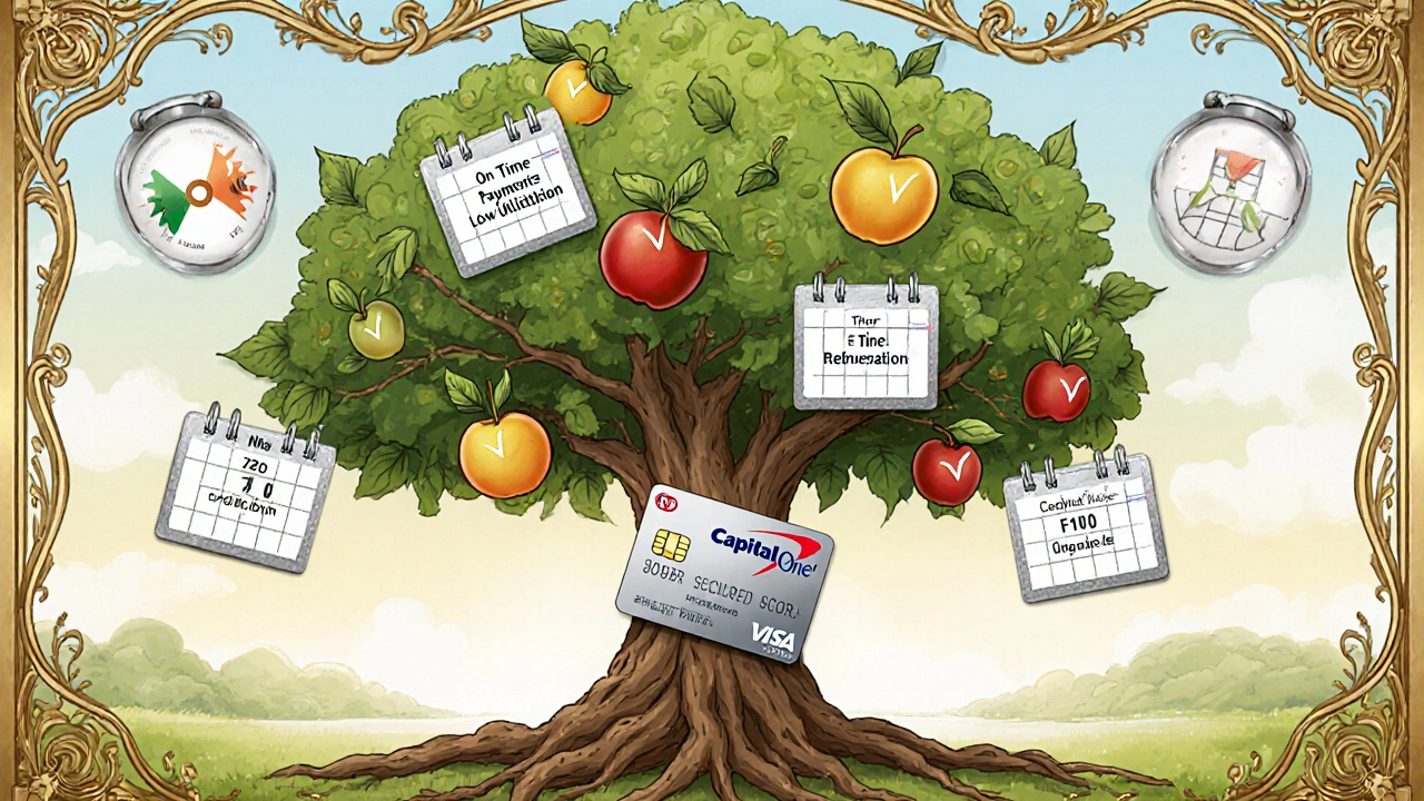 A tree growing from a secured credit card, bearing fruits of improved credit score and financial freedom.