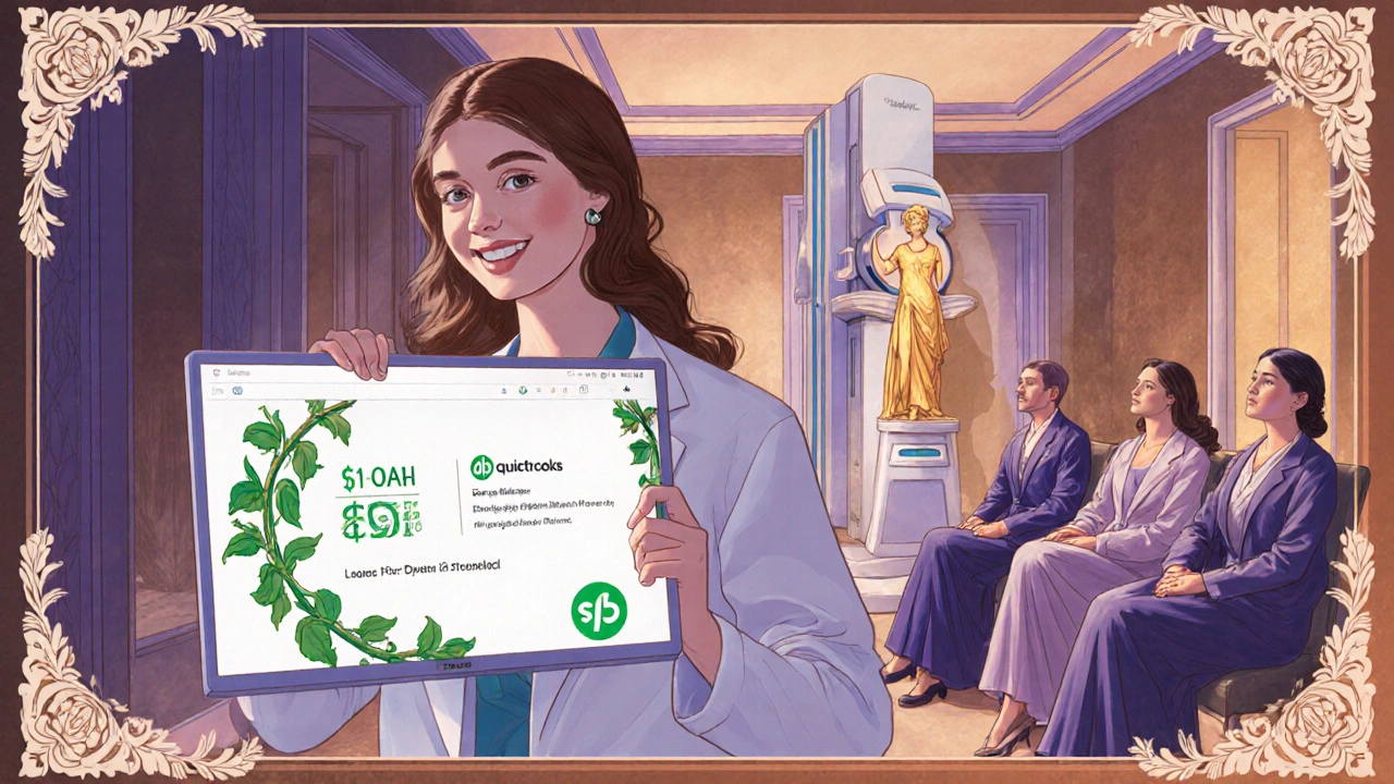 Dentist receiving a loan offer from QuickBooks as a new MRI machine appears in the background.