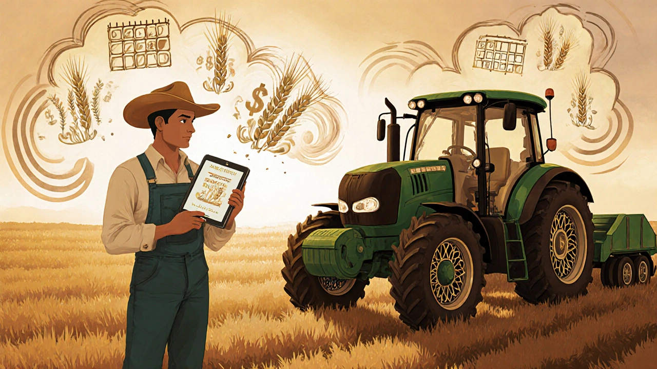 Farmer approved for a loan via AgTech platform, with wheat turning to money and a decorative tractor nearby.