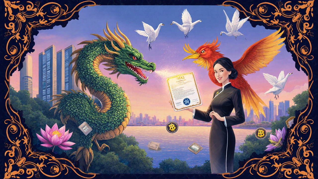 Singapore skyline with a phoenix delivering a crypto license, surrounded by lotus petals and digital wires in Art Nouveau style.
