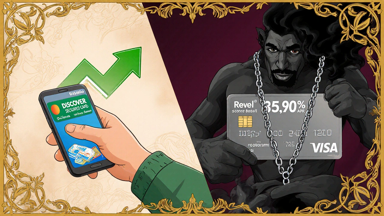 Split scene: calm credit use with score boost vs. debt trap from high fees and APR, in vintage poster style.