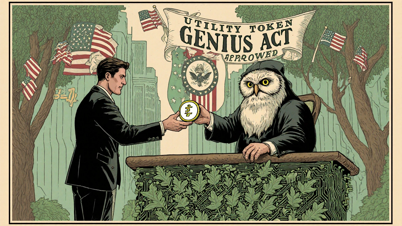Vintage advertising scene of an American entrepreneur receiving approval under the GENIUS Act with symbolic imagery.