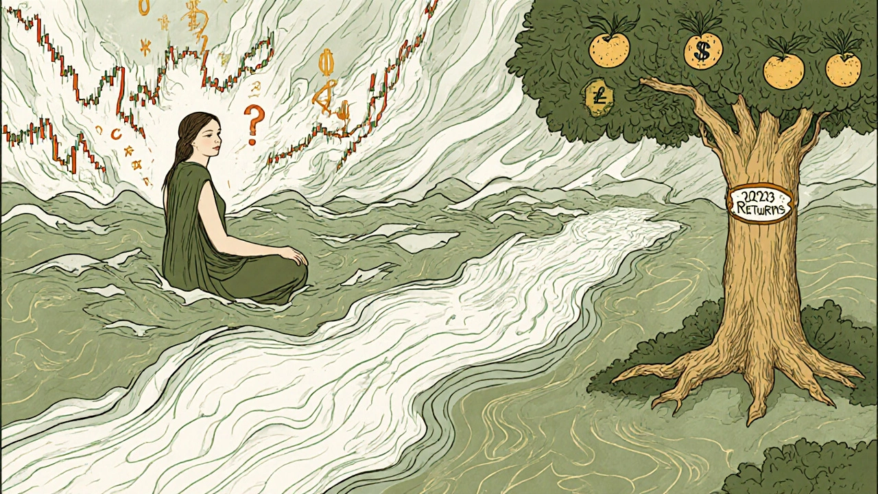 A calm figure amid financial chaos, with a river of growth transforming into a fruit-bearing tree.