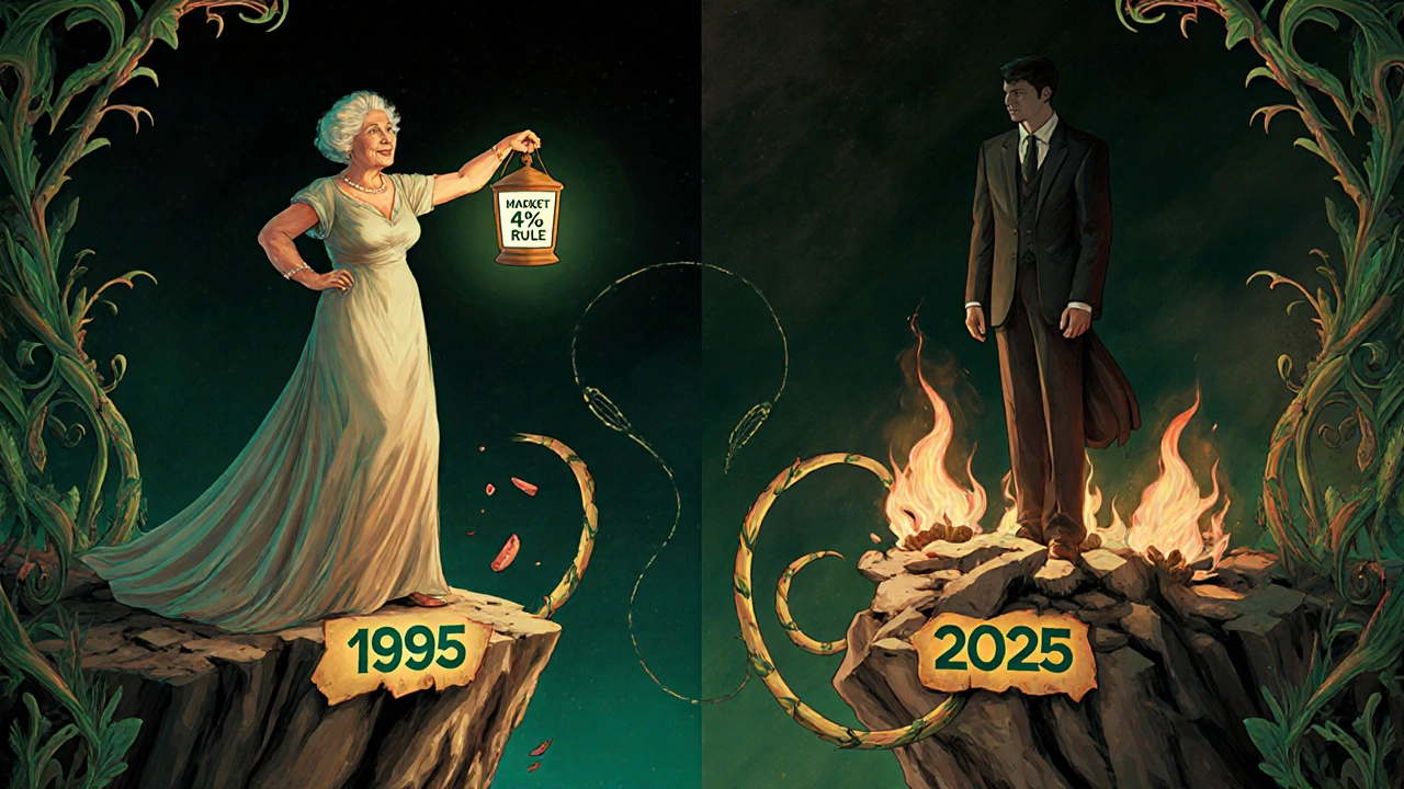 A retiree on a cliff labeled 1995 contrasts with a crumbling ledge labeled 2025, connected by ornate vines.