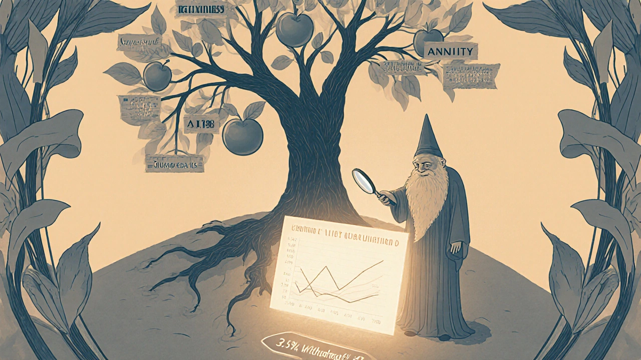 A retirement portfolio grows as a tree with fruits labeled Social Security, Annuity, and Guardrails, watched by an elder.