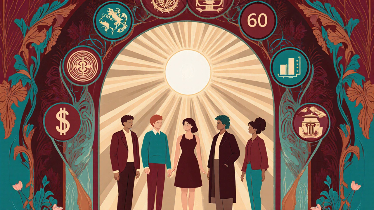 Diverse people beneath an arch of index funds and automatic transfers, bathed in golden light.