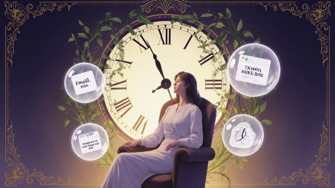 A calm user surrounded by floating data orbs that appear over time, framed by ornate Art Nouveau patterns.