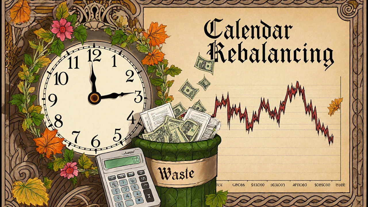 A floral clock beside a calculator, with tax papers falling into waste, contrasting calm and chaotic markets.