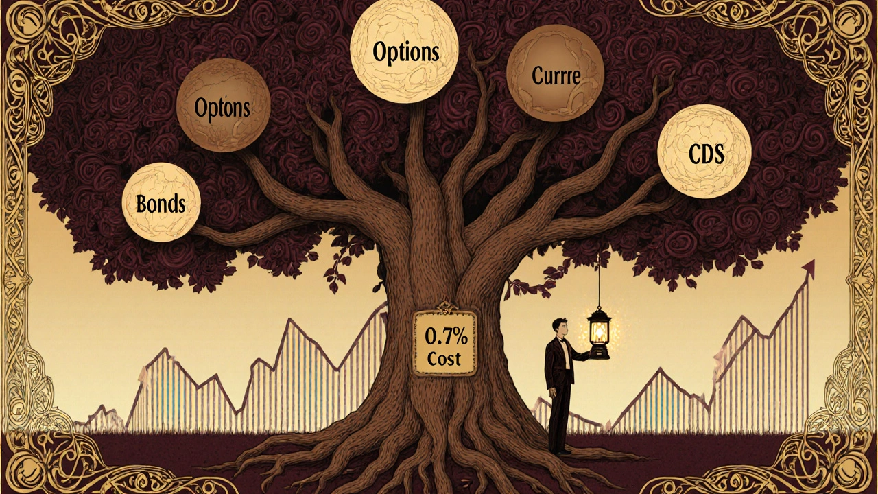 A grand insurance tree with financial roots shields a portfolio from market crashes in Art Nouveau design.