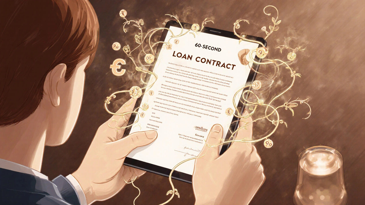 A merchant receiving an instant loan approval on their tablet, with loan terms blooming like vines in an Art Nouveau style.