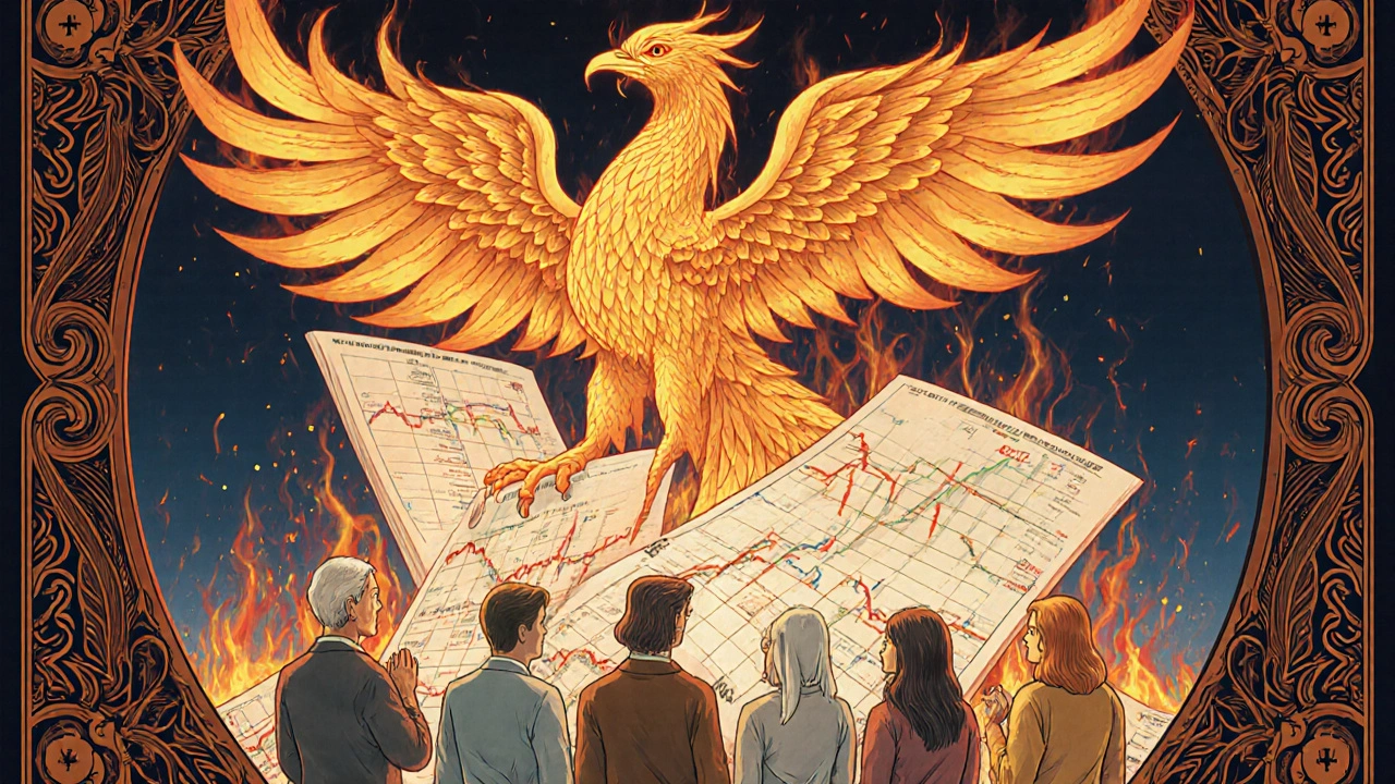 A phoenix made of options rises from burning stocks, bringing hope to investors in Art Nouveau style.