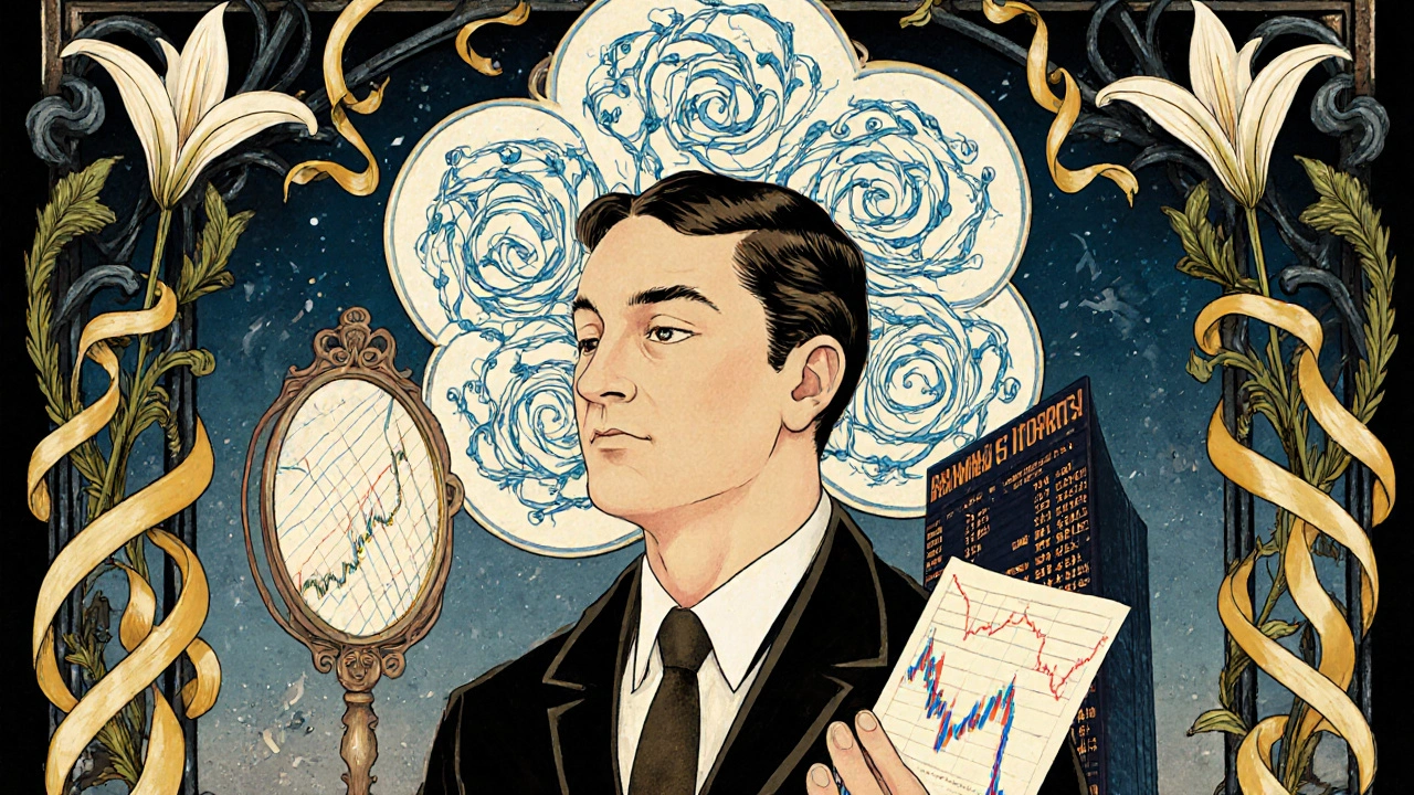 A trader breathing deeply, surrounded by swirling chart-shaped mandalas, calm amid market chaos.