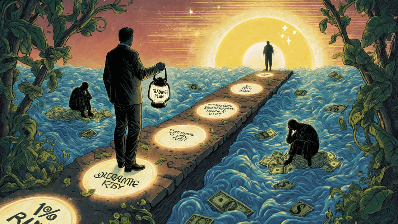 A trader walking a path of disciplined steps over a river of money, lantern reading 'Trading Plan'.