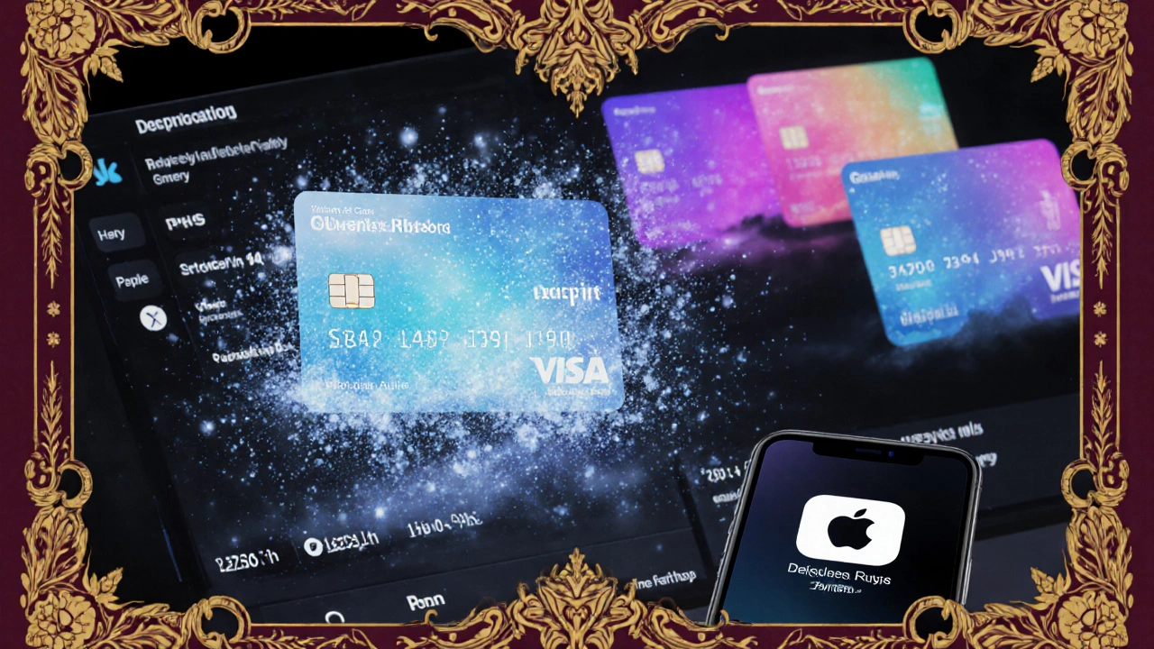 A virtual card dissolving into digital particles while others glow securely, framed by ornate floral patterns.