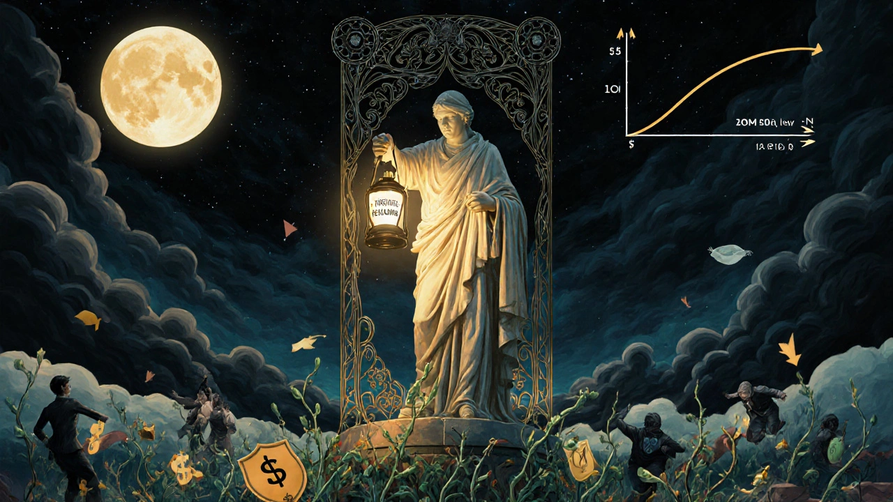 An investor holding a threshold rebalancing lantern, standing firm over cost-saving vines amid market chaos.