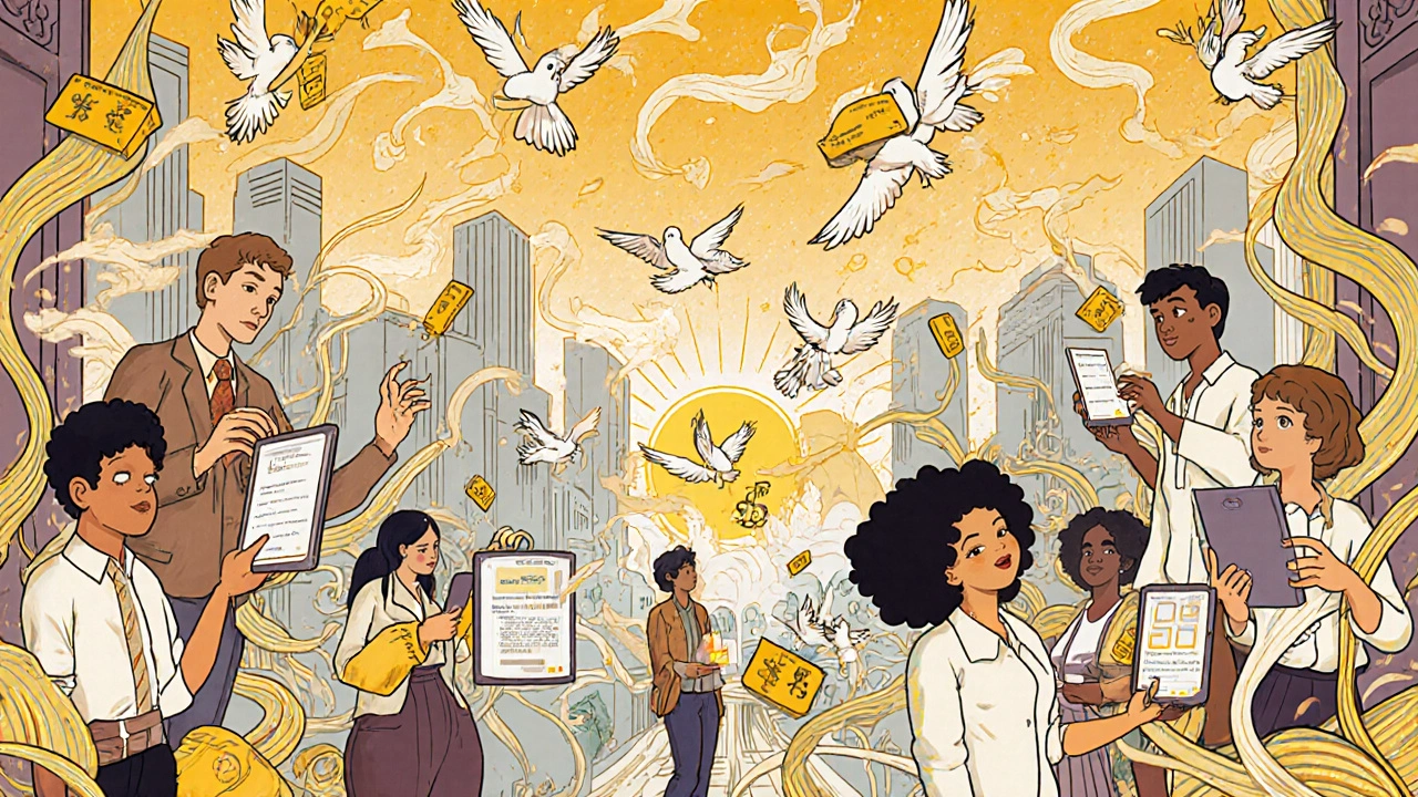 Diverse entrepreneurs connected by flowing financial streams rising from their SaaS apps, symbolizing embedded finance growth.