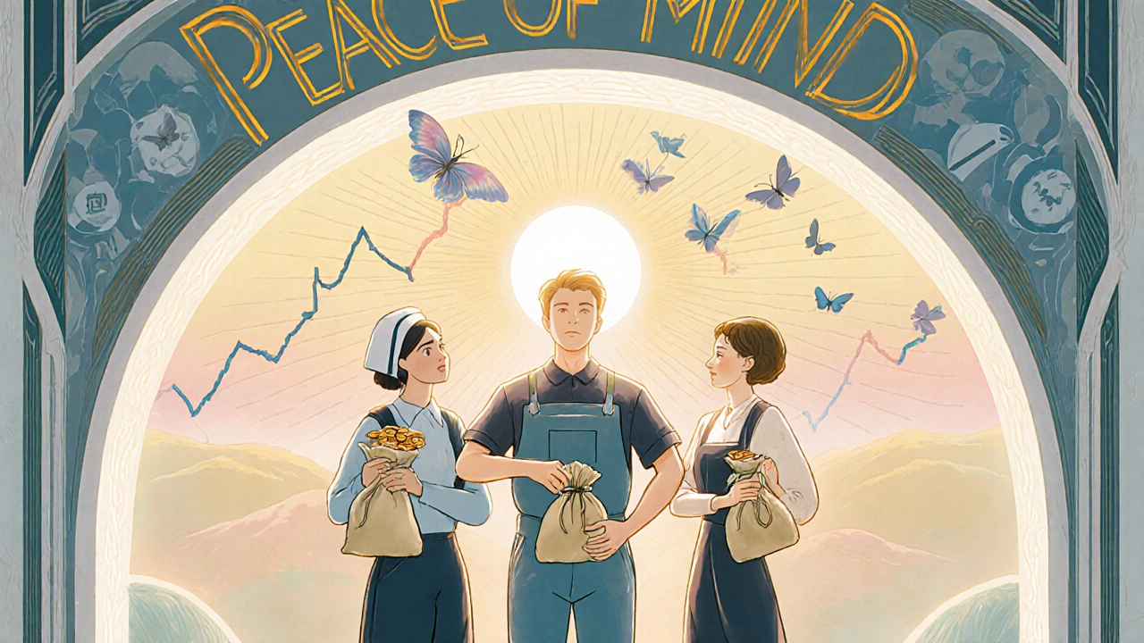 Diverse workers under a glowing archway, coins turning to butterflies, symbolizing peace and financial freedom in Art Nouveau style.