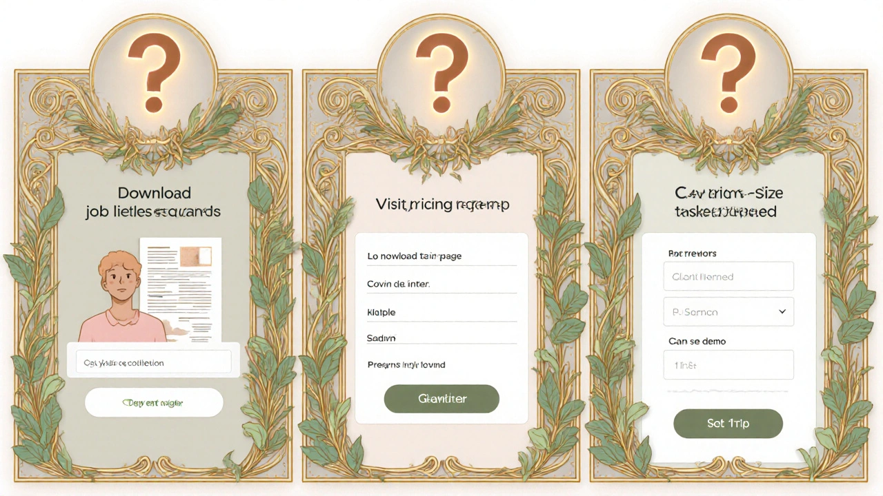 Three illustrated stages of user interaction with elegant floral frames showing progressive data requests.