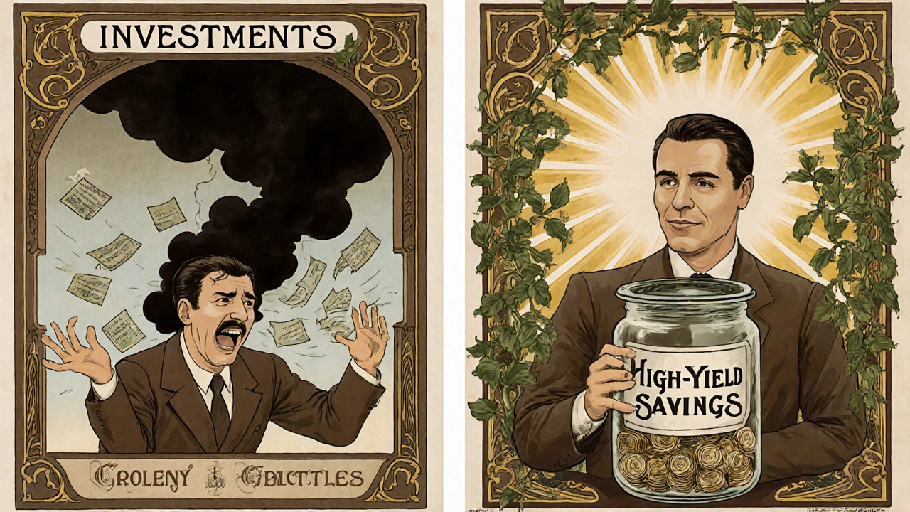 Two versions of a man: one stressed selling stocks, the other calm beside a savings jar, framed by Art Nouveau scrollwork.