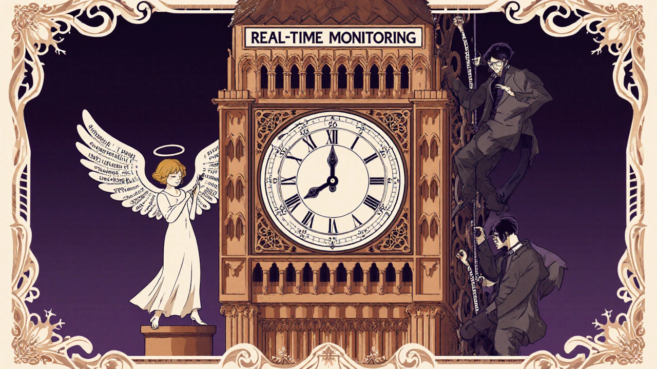 A clocktower of transactions is watched by a data-winged guardian as hackers try to scale it with phishing hooks.