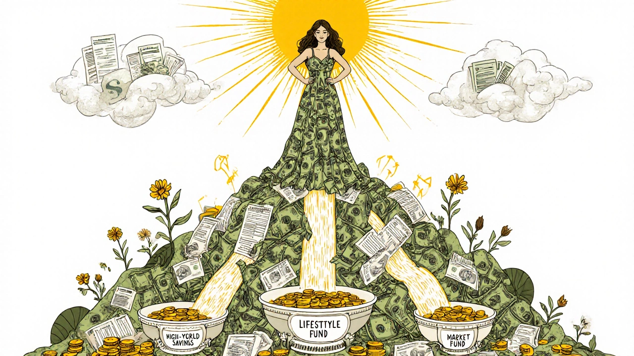 A confident freelancer standing on chaos, with gold coins flowing into three decorative basins, Art Nouveau style.