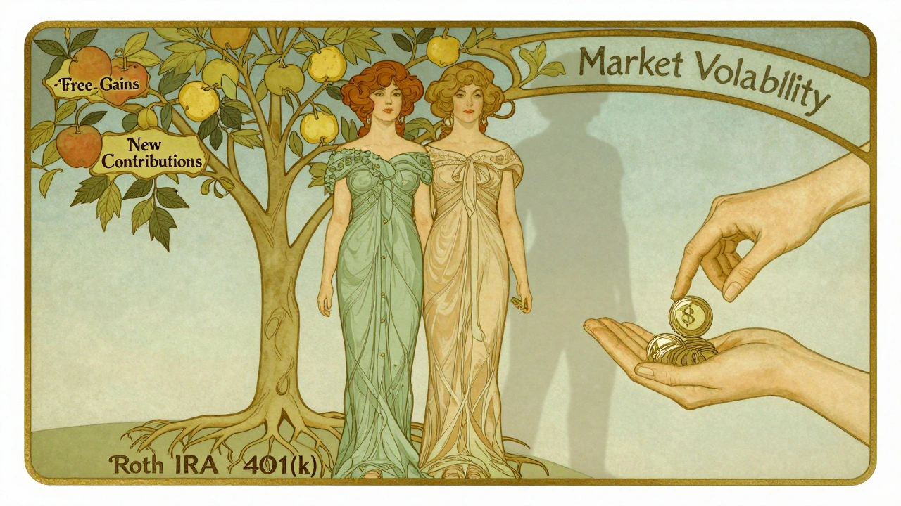 A couple nurturing a tree of tax-free investments, directing new money into bonds instead of selling.