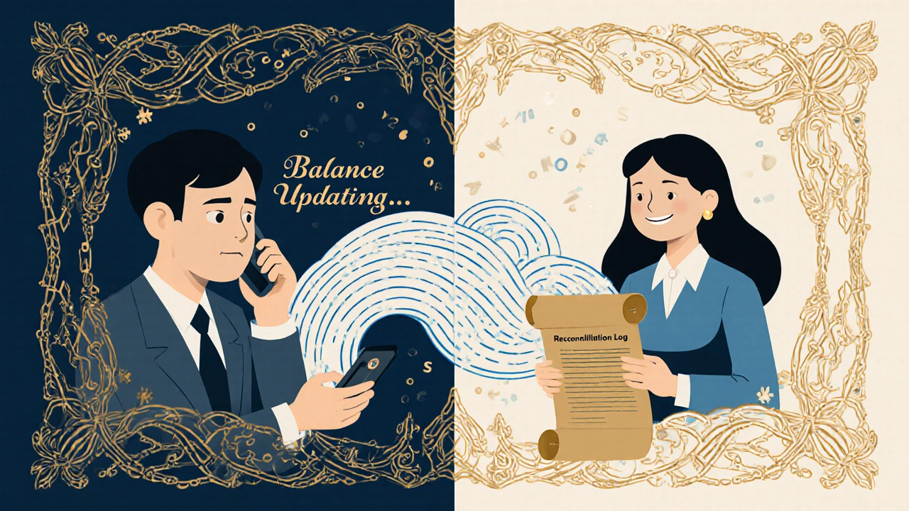 A customer and bank teller separated by syncing numbers, framed by ornate Art Nouveau patterns.