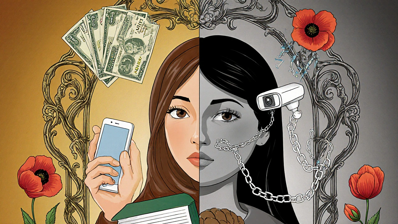 A dual-faced refugee portrait: one side shows empowerment with banknotes and schoolbooks, the other shadowy surveillance, framed by floral and ironwork motifs.