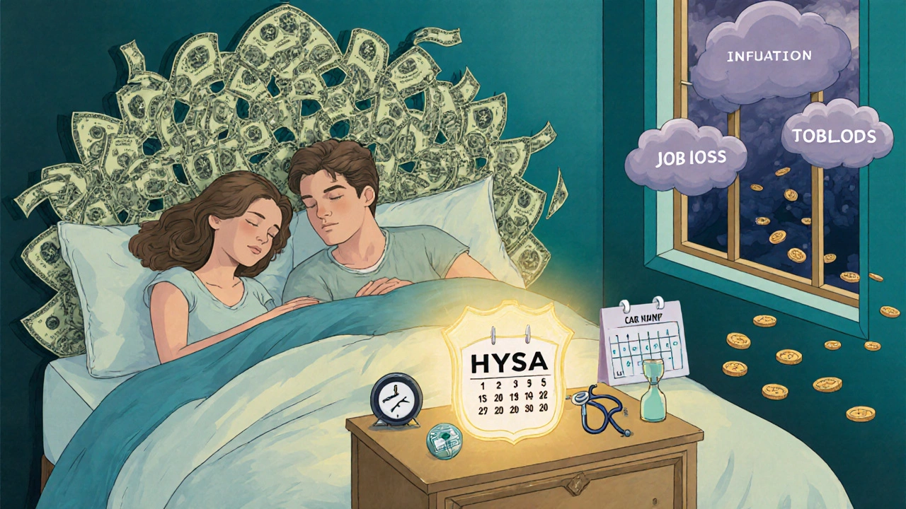 A family sleeping under a shield of dollar bills, with a glowing emergency fund on a nightstand in Art Nouveau style.