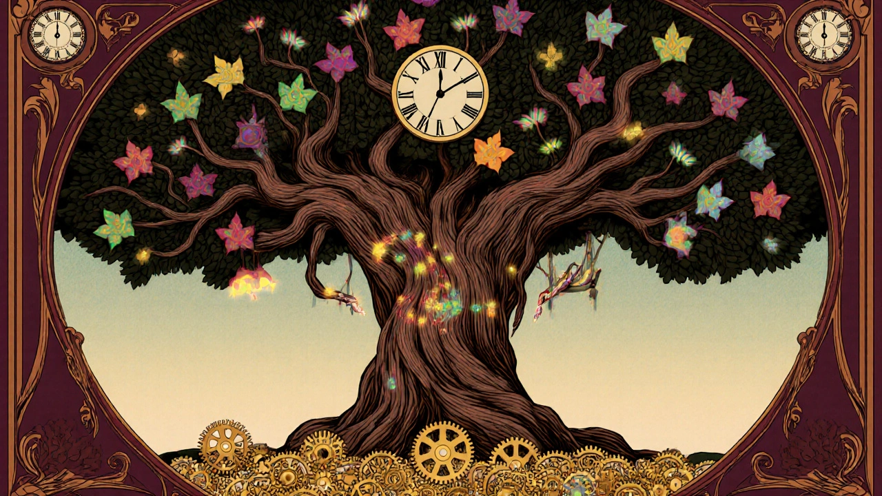 A financial ledger tree with transaction leaves and CRDT gears, illustrated in Art Nouveau elegance.