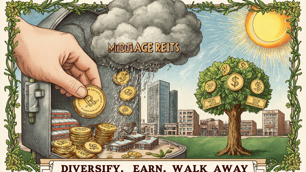 A giant hand places a share into a vault filled with miniature buildings, as dividends flow like golden coins.