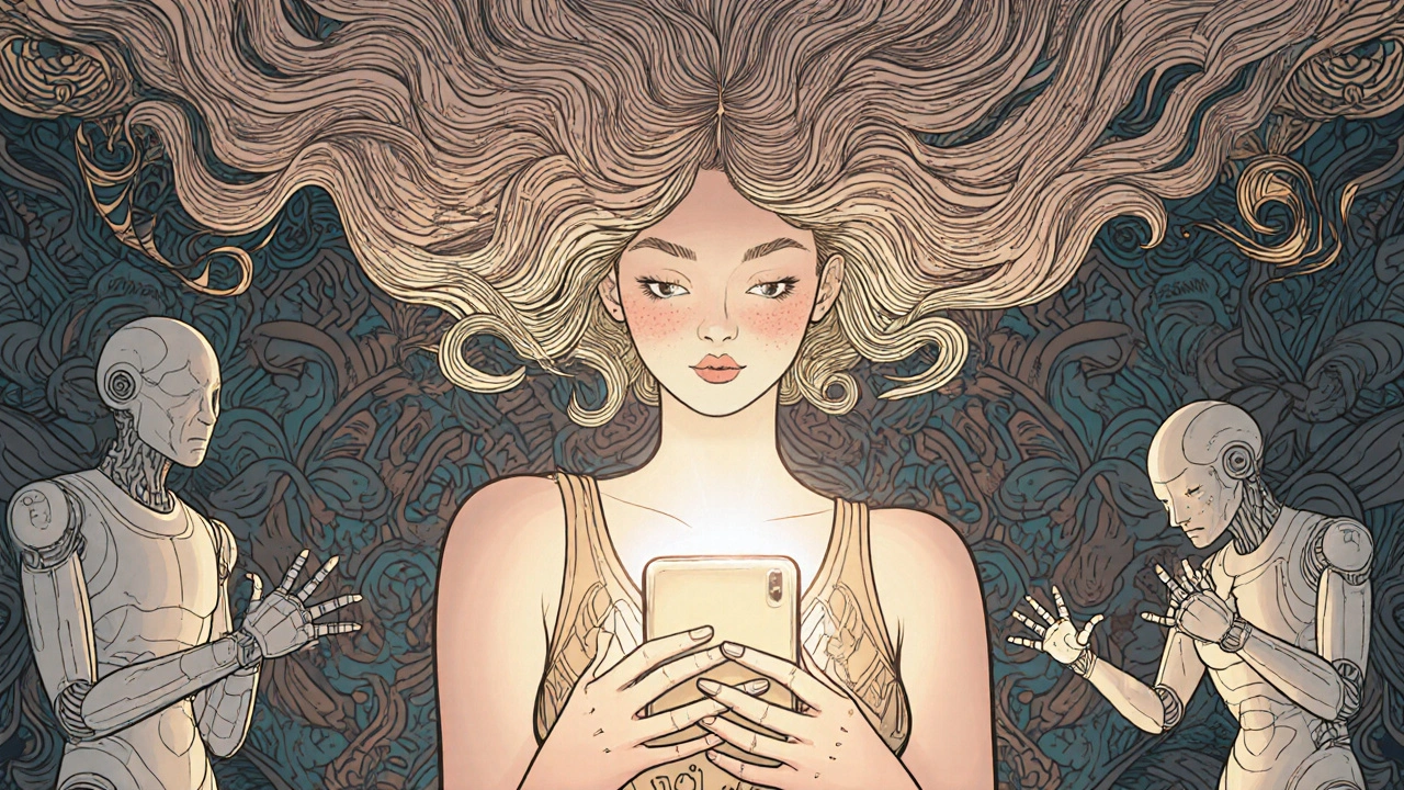 A graceful figure made of touch patterns guards a smartphone against glitchy bots, surrounded by sensor wave motifs.